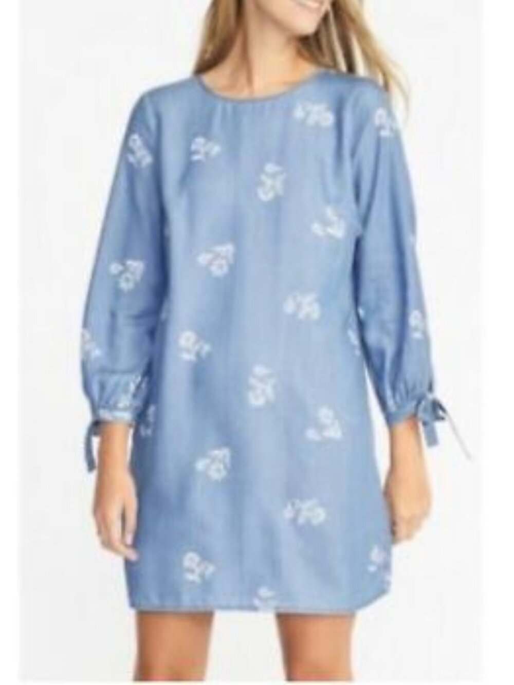 Blue chambray Old Navy white floral print shift mini dress and tie-detail sleeve